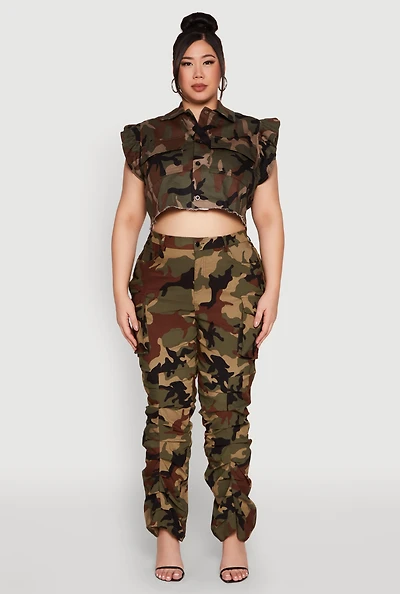 Womens Plus Size Camouflage Stacked Cargo Pants, Green, Size 3X