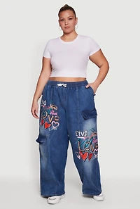Plus Graffiti Graphic Drawstring Waist Jeans