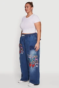 Womens Plus Graffiti Graphic Drawstring Waist Jeans, Blue,
