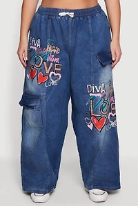 Plus Graffiti Graphic Drawstring Waist Jeans