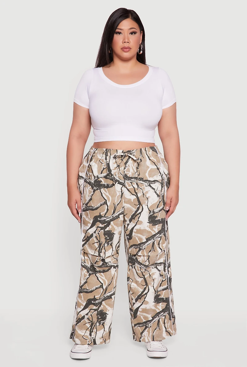 Womens Plus High Waisted Hunter Camo Drawstring Waist Pants, Multi,