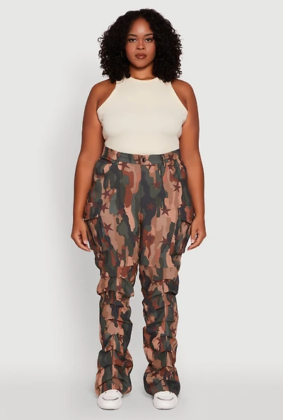 Womens Plus Size High Waisted Printed Pattern Cargo Pants, Multi, Size 3X