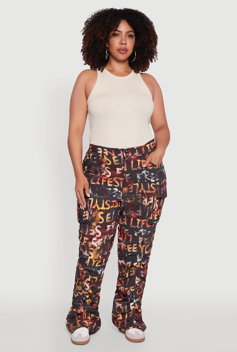 Womens Plus Size High Waisted Printed Pattern Cargo Pants, Multi, Size 2X