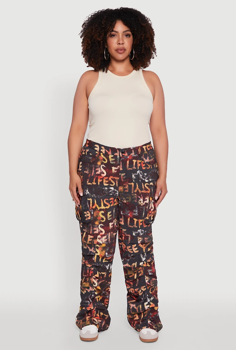 Womens Plus High Waisted Printed Pattern Cargo Pants, Multi,