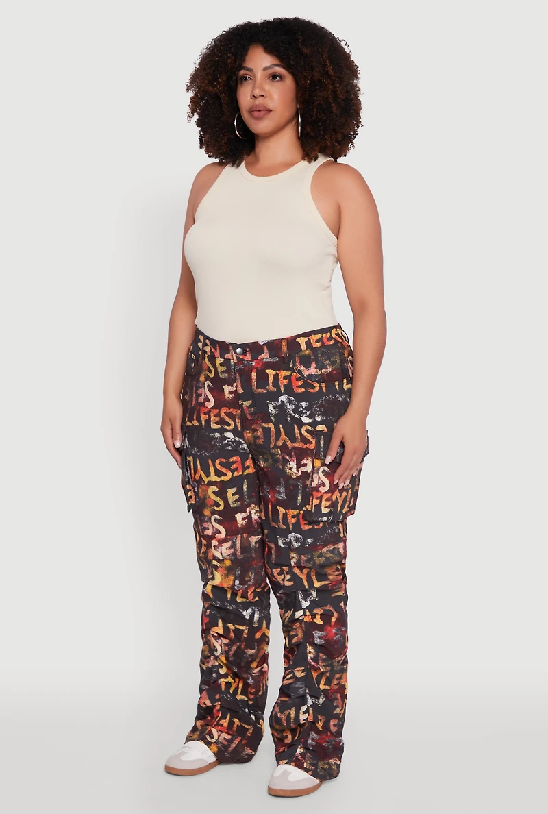 Womens Plus Size High Waisted Printed Pattern Cargo Pants, Multi, Size 2X