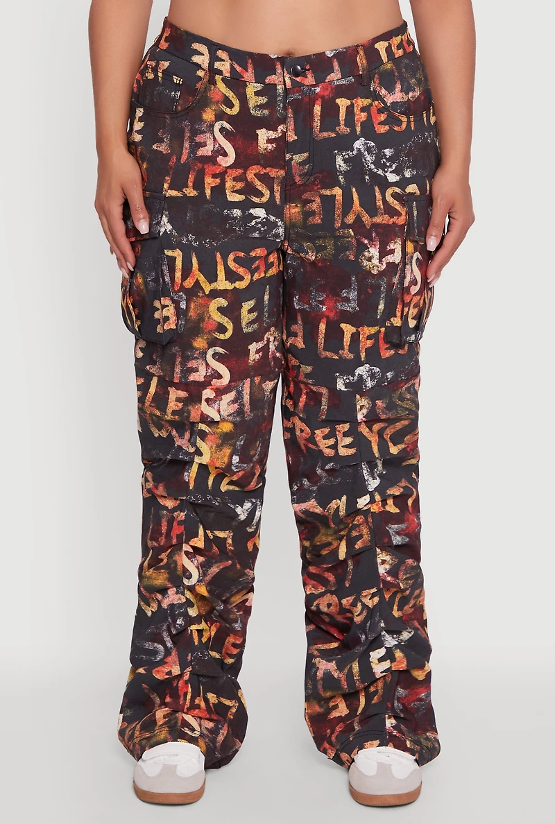 Womens Plus High Waisted Printed Pattern Cargo Pants, Multi,