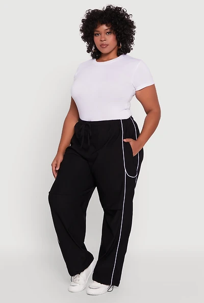 Womens Plus High Waisted Contrast Trim Drawstring Hem Joggers,