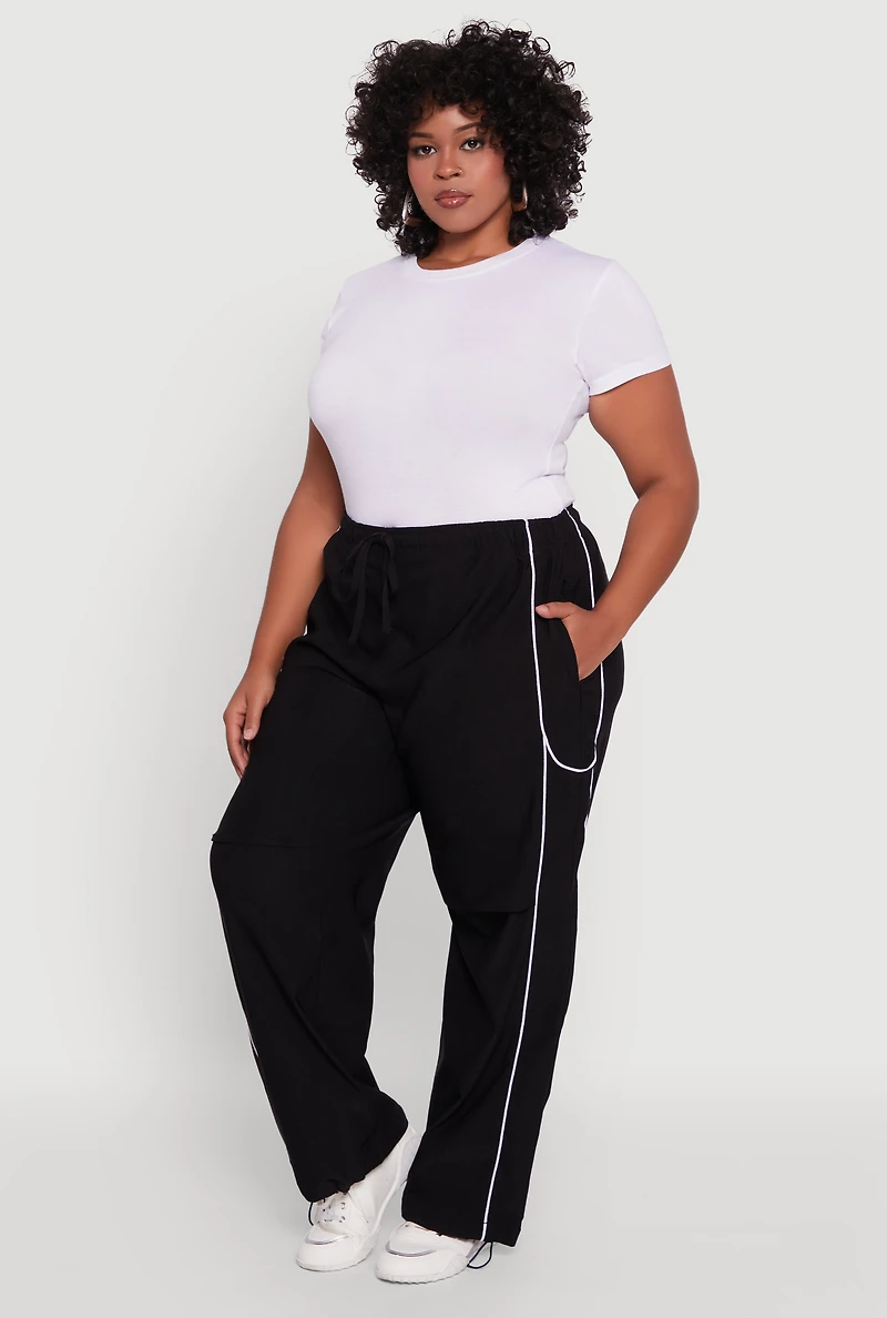 Womens Plus Size High Waisted Contrast Trim Drawstring Hem Joggers, Black, Size 3X