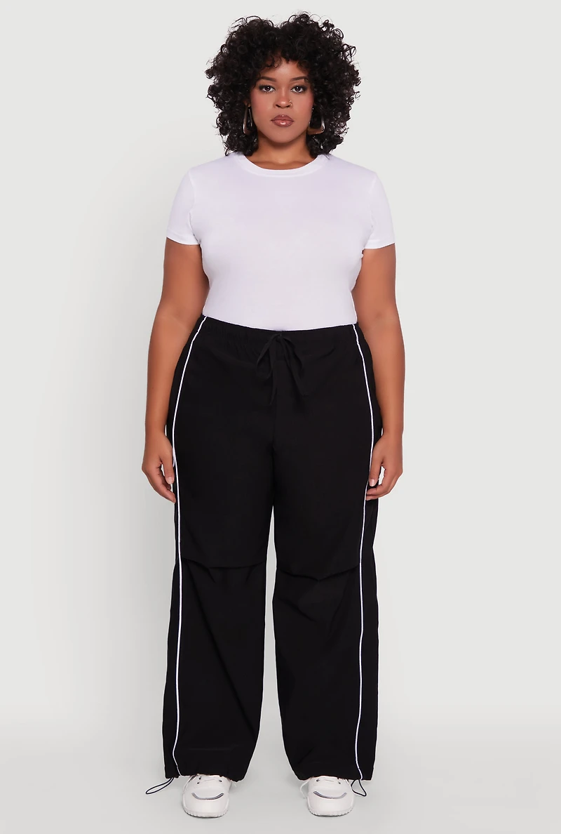 Womens Plus Size High Waisted Contrast Trim Drawstring Hem Joggers, Black, Size 3X