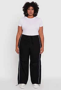 Womens Plus Size High Waisted Contrast Trim Drawstring Hem Joggers, Black, Size 3X