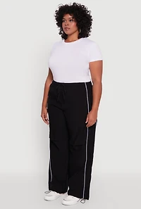Womens Plus Size High Waisted Contrast Trim Drawstring Hem Joggers, Black, Size 3X