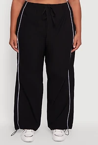 Womens Plus Size High Waisted Contrast Trim Drawstring Hem Joggers, Black, Size 3X