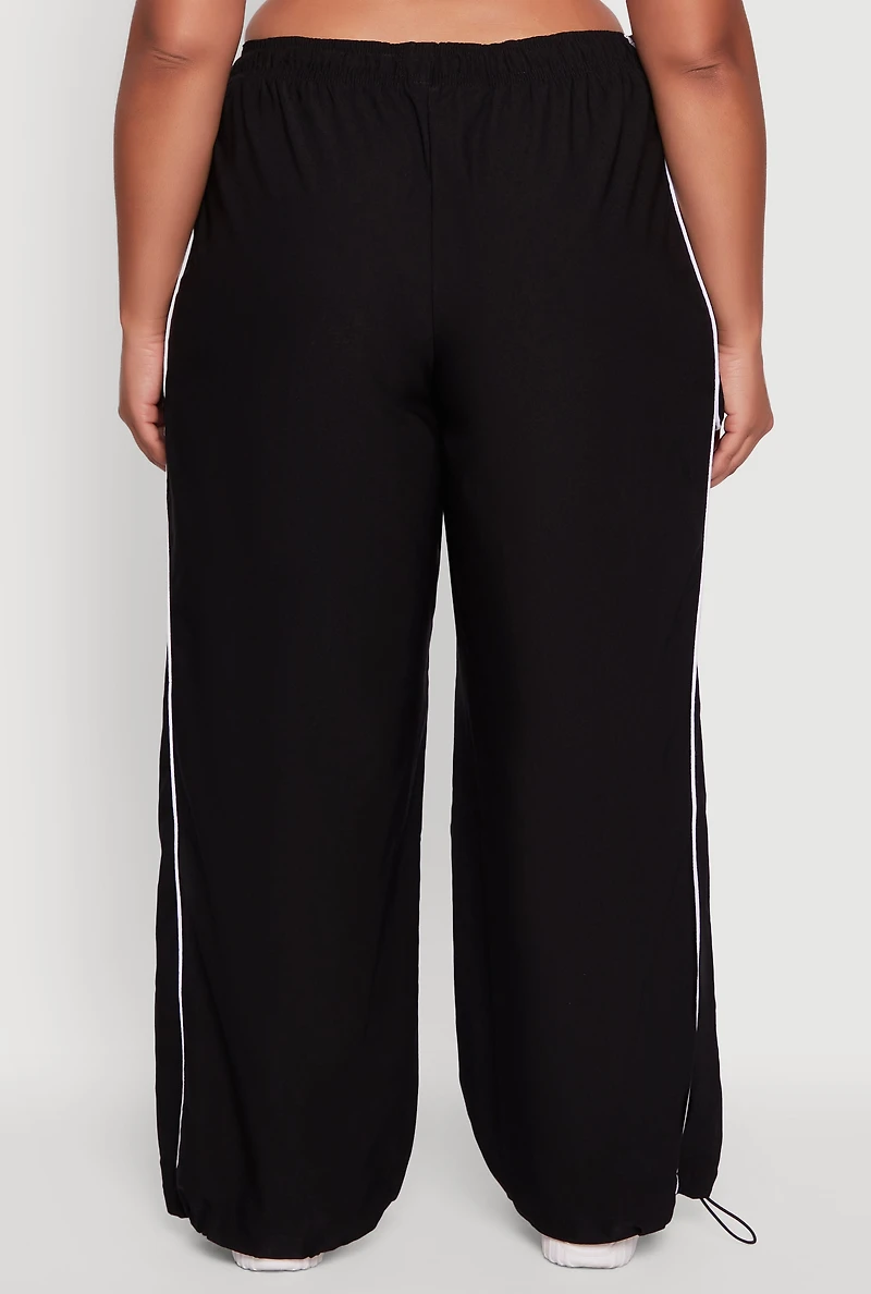 Womens Plus Size High Waisted Contrast Trim Drawstring Hem Joggers, Black, Size 3X