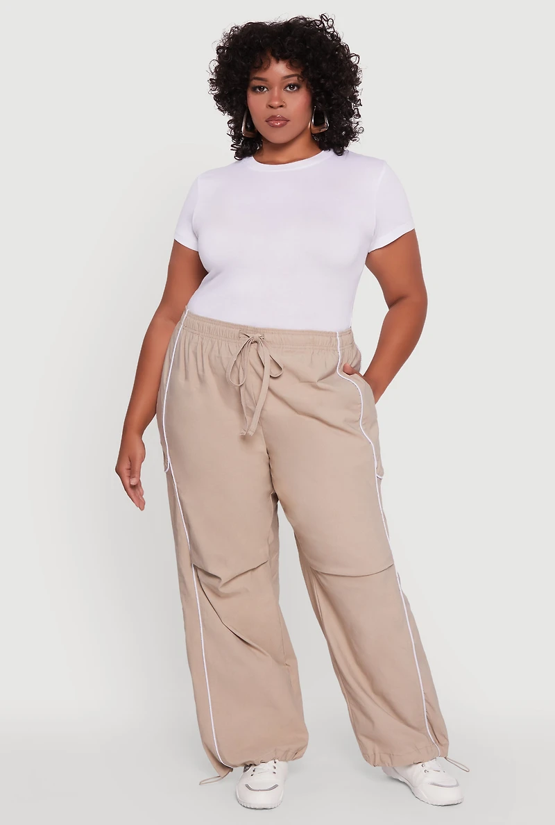 Womens Plus Size High Waisted Contrast Trim Drawstring Hem Joggers, Khaki, Size 3X