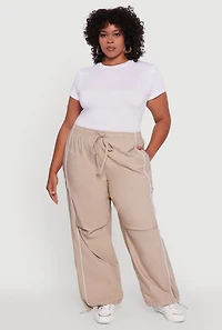 Womens Plus Size High Waisted Contrast Trim Drawstring Hem Joggers, Khaki, Size 3X