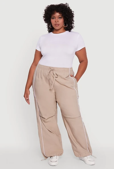 Womens Plus Size High Waisted Contrast Trim Drawstring Hem Joggers, Khaki, Size 2X