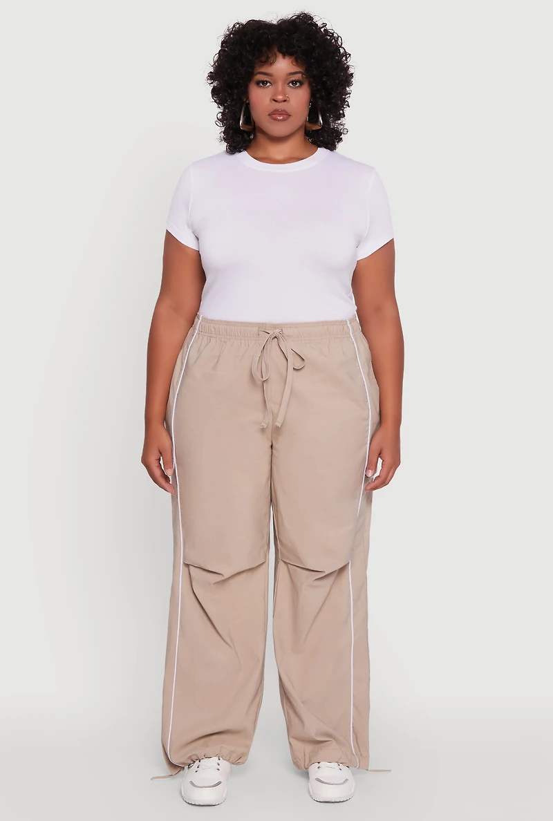 Womens Plus Size High Waisted Contrast Trim Drawstring Hem Joggers, Khaki, Size 3X