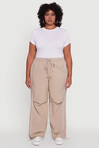 Womens Plus Size High Waisted Contrast Trim Drawstring Hem Joggers, Khaki, Size 3X