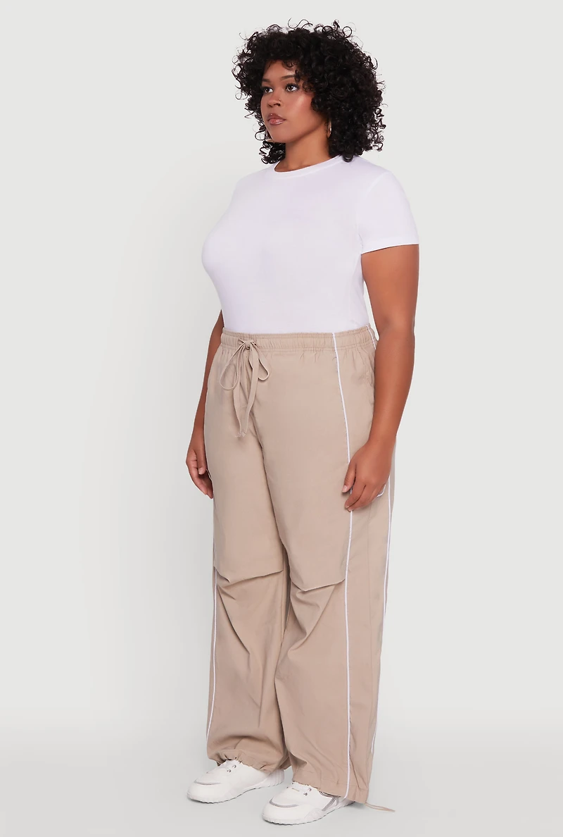 Womens Plus Size High Waisted Contrast Trim Drawstring Hem Joggers, Khaki, Size 3X
