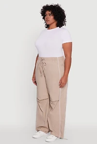 Womens Plus Size High Waisted Contrast Trim Drawstring Hem Joggers, Khaki, Size 3X