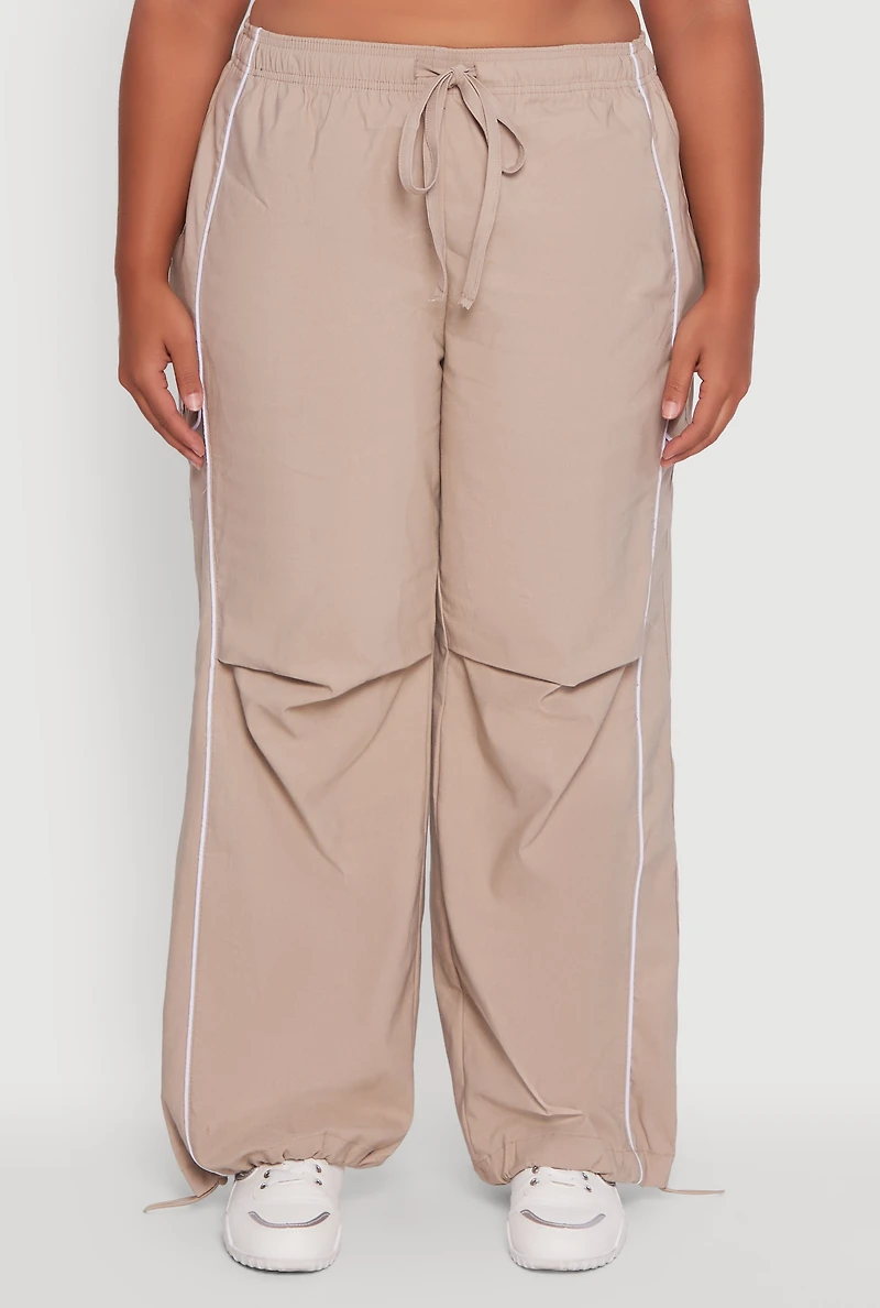 Womens Plus Size High Waisted Contrast Trim Drawstring Hem Joggers, Khaki, Size 3X