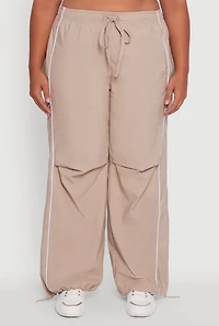 Womens Plus Size High Waisted Contrast Trim Drawstring Hem Joggers, Khaki, Size 3X