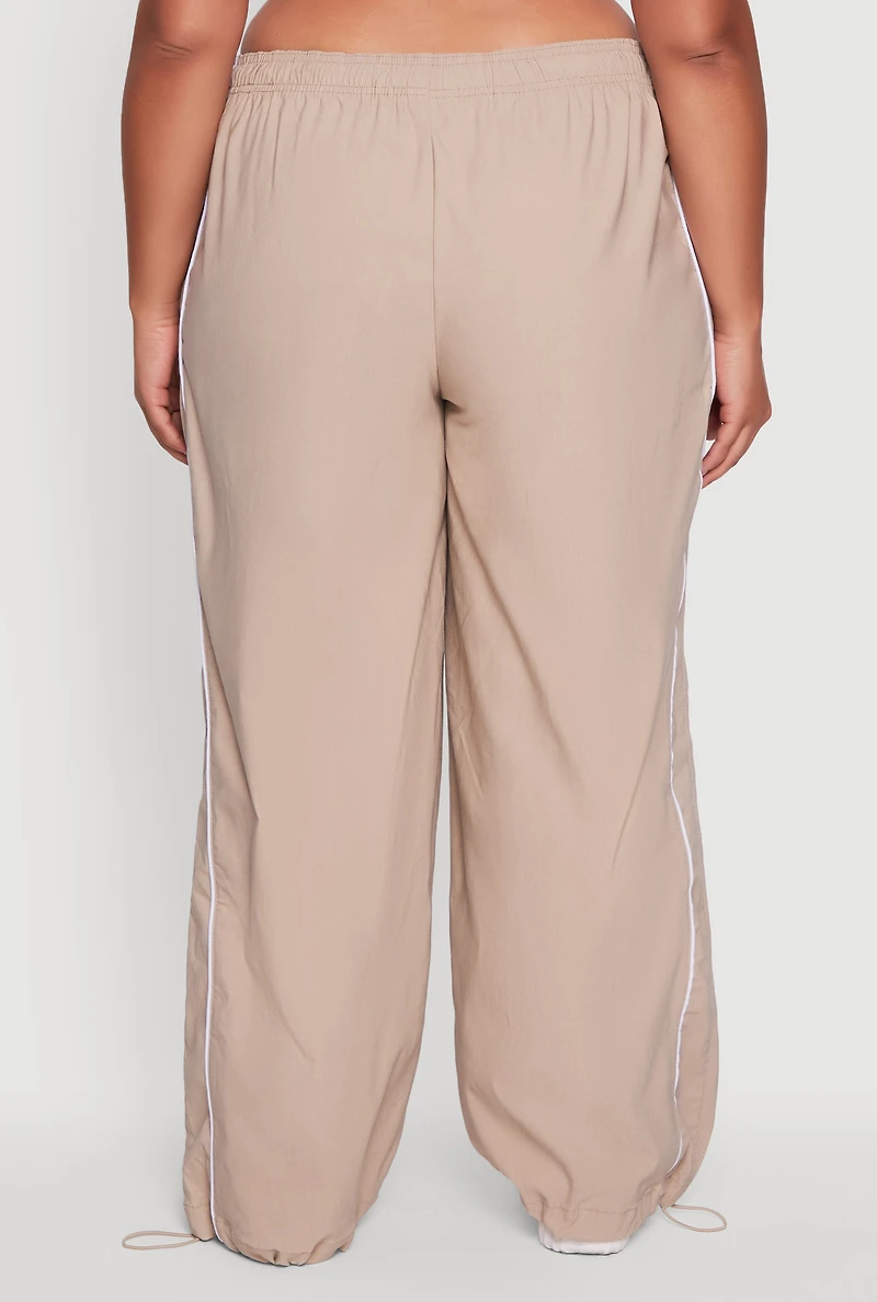 Womens Plus Size High Waisted Contrast Trim Drawstring Hem Joggers, Khaki, Size 3X
