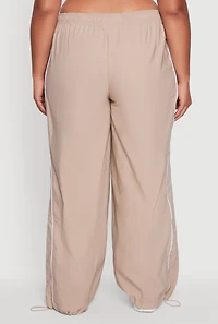Womens Plus Size High Waisted Contrast Trim Drawstring Hem Joggers, Khaki, Size 3X