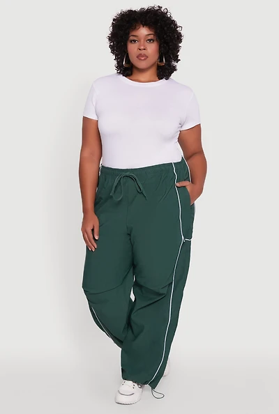 Womens Plus Size High Waisted Contrast Trim Drawstring Hem Joggers, Green, Size 3X