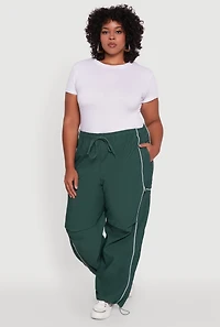 Womens Plus Size High Waisted Contrast Trim Drawstring Hem Joggers, Green, Size 3X