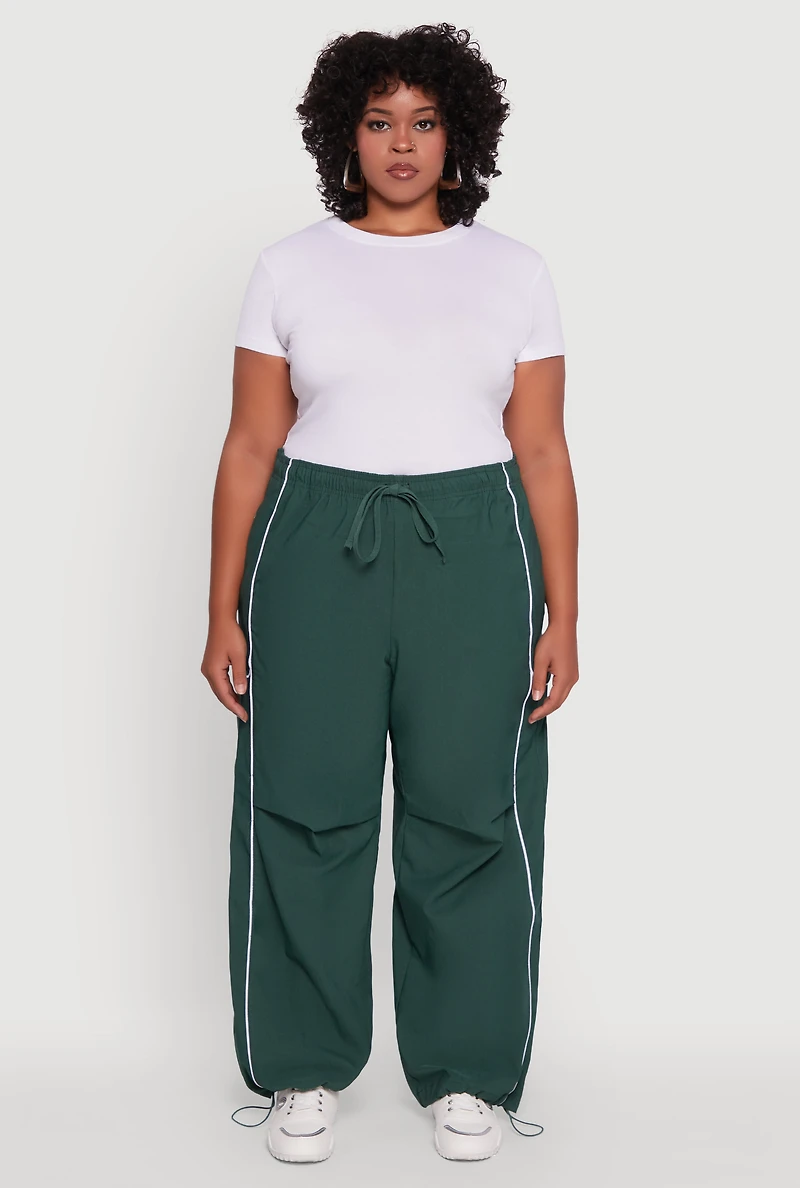 Womens Plus Size High Waisted Contrast Trim Drawstring Hem Joggers, Green, Size 3X