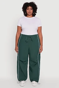Womens Plus Size High Waisted Contrast Trim Drawstring Hem Joggers, Green, Size 3X