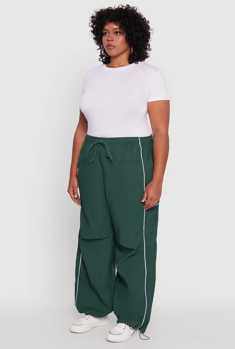 Womens Plus Size High Waisted Contrast Trim Drawstring Hem Joggers, Green, Size 3X