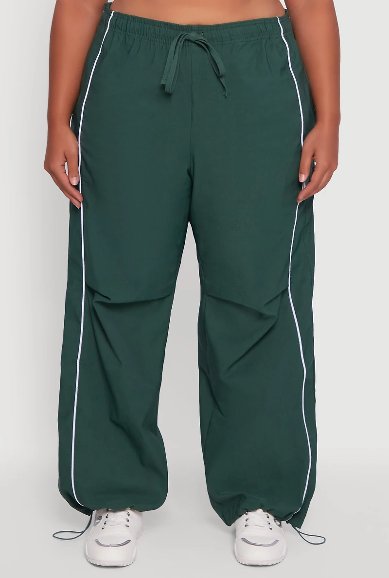 Womens Plus Size High Waisted Contrast Trim Drawstring Hem Joggers, Green, Size 3X