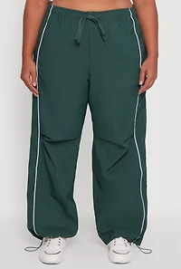 Womens Plus Size High Waisted Contrast Trim Drawstring Hem Joggers, Green, Size 3X