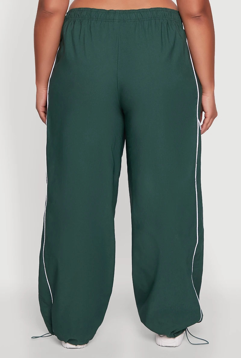 Womens Plus Size High Waisted Contrast Trim Drawstring Hem Joggers, Green, Size 3X