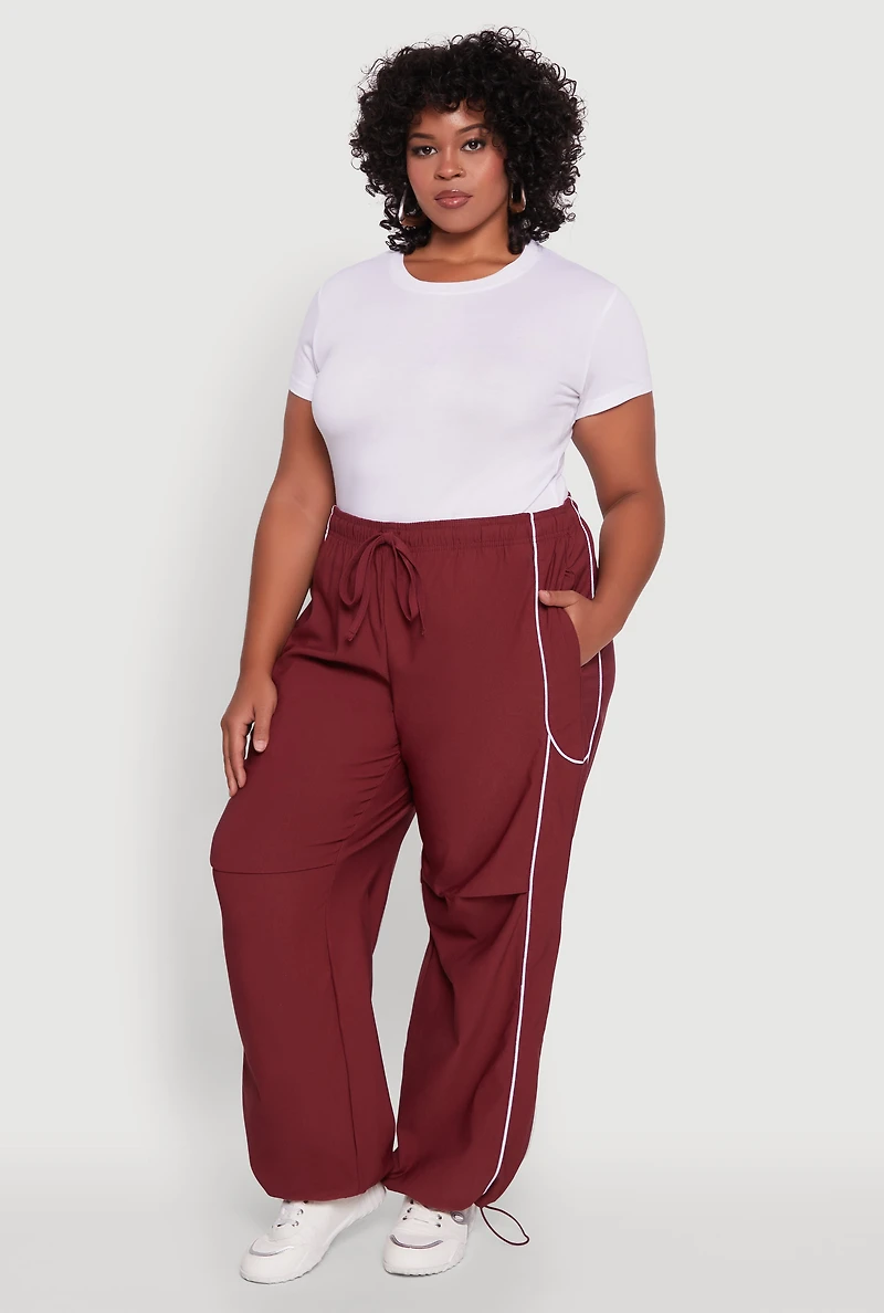 Womens Plus Size High Waisted Contrast Trim Drawstring Hem Joggers, Burgundy, Size 3X