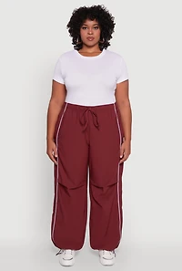 Womens Plus Size High Waisted Contrast Trim Drawstring Hem Joggers, Burgundy, Size 3X
