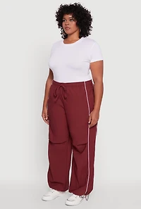 Womens Plus Size High Waisted Contrast Trim Drawstring Hem Joggers, Burgundy, Size 3X