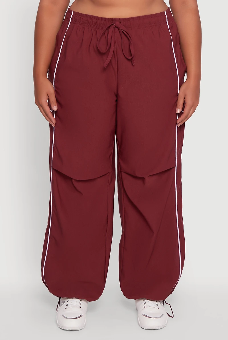 Womens Plus Size High Waisted Contrast Trim Drawstring Hem Joggers, Burgundy, Size 3X