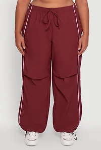 Womens Plus Size High Waisted Contrast Trim Drawstring Hem Joggers, Burgundy, Size 3X