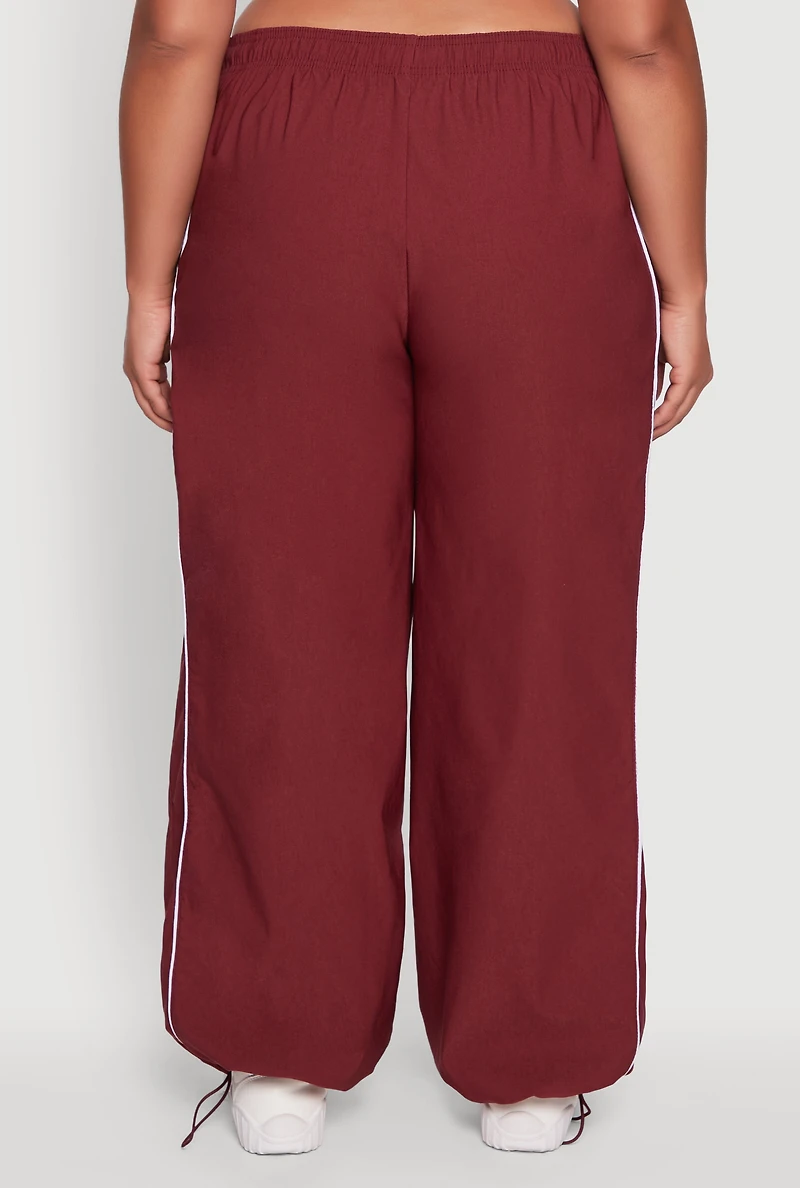 Womens Plus Size High Waisted Contrast Trim Drawstring Hem Joggers, Burgundy, Size 3X