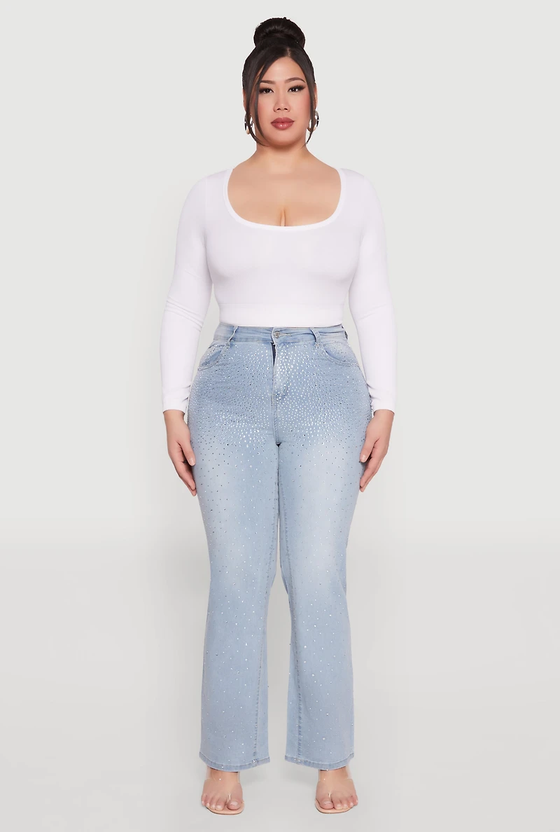 Womens Plus Size Rhinestone Straight Leg Jeans, Blue, Size 20