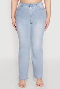Womens Plus Size Rhinestone Straight Leg Jeans, Blue, Size 22