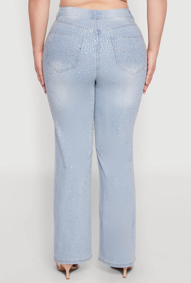 Womens Plus Size Rhinestone Straight Leg Jeans, Blue, Size 20