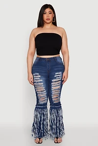 Womens Plus Size Distressed Fringe Hem Flare Jeans, Blue, Size 22