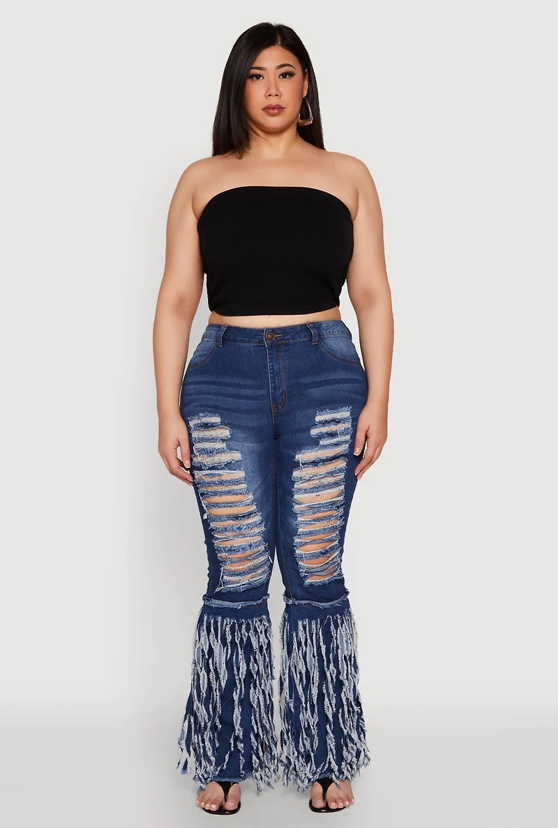 Womens Plus Size Distressed Fringe Hem Flare Jeans, Blue, Size 20