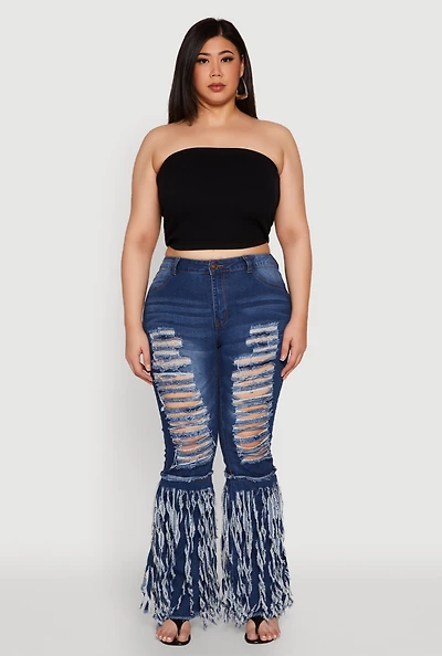 Plus Distressed Fringe Hem Flare Jeans