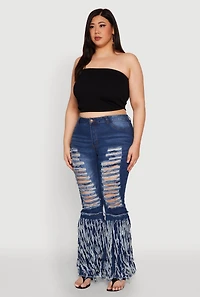Womens Plus Size Distressed Fringe Hem Flare Jeans, Blue, Size 22