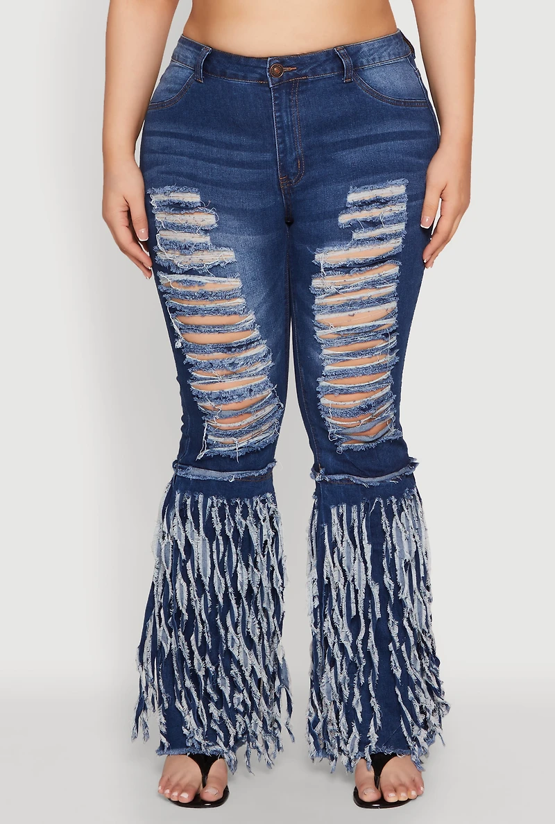 Womens Plus Size Distressed Fringe Hem Flare Jeans, Blue, Size 20
